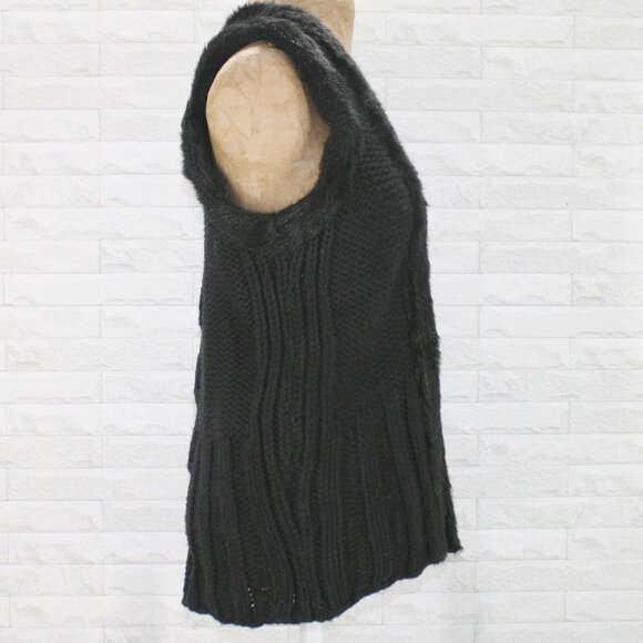 JW Vest Faux Fur Trim Knit Wool Blend Sleeveless Classic Winter Chunky Black LG - Picture 4 of 13